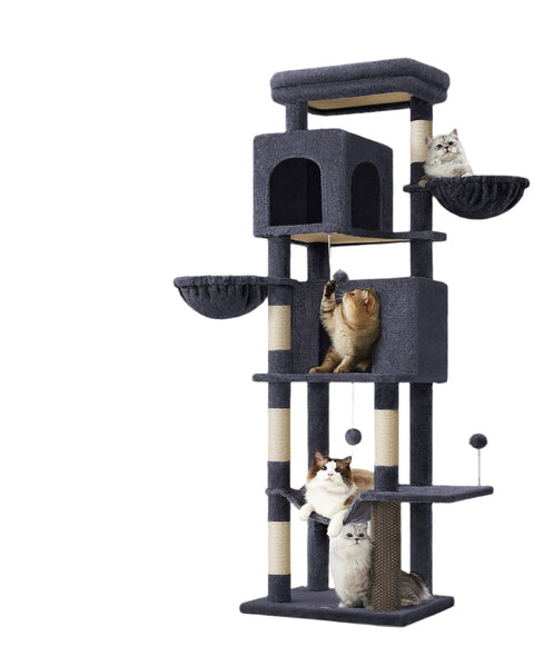 Rootz Cat Scratching Post - Multi-Storey Cat Tree - Kitty Condo - 2 Caves - Durable Sisal - 57cm x 45cm x 175cm