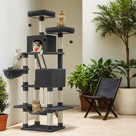 Rootz 206cm Cat Scratching Tree - Cat Tower - Scratch Post - 13 Scratch Pillars - Space-Saving Design - 60cm x 50cm x 206cm - Perfect for Playful Cats
