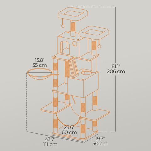 Rootz 206cm Cat Scratching Tree - Cat Tower - Scratch Post - 13 Scratch Pillars - Space-Saving Design - 60cm x 50cm x 206cm - Perfect for Playful Cats