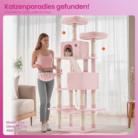 Rootz 13 Pillar Cat Scratching Tree - Cat Tower - Cat Condo - Promotes Healthy Claws - 60 x 50 x 206 cm - Pink Plush & Sisal