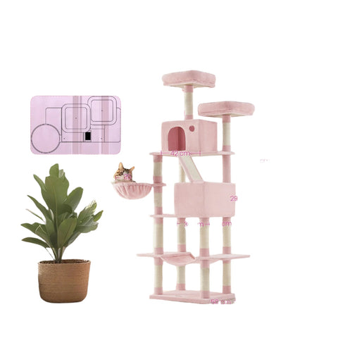 Rootz 13 Pillar Cat Scratching Tree - Cat Tower - Cat Condo - Promotes Healthy Claws - 60 x 50 x 206 cm - Pink Plush & Sisal