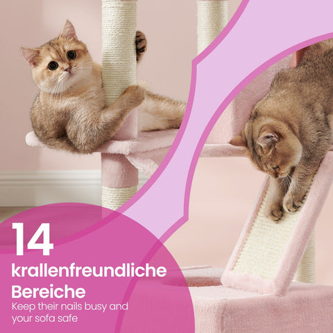 Rootz 13 Pillar Cat Scratching Tree - Cat Tower - Cat Condo - Promotes Healthy Claws - 60 x 50 x 206 cm - Pink Plush & Sisal