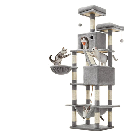 Rootz Cat Tree - Scratching Post - Climbing Tree - Space-Saving Amusement Park - 60 x 50 x 206 cm -  Grey - Plush & Sisal