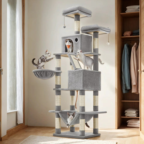 Rootz Cat Tree - Scratching Post - Climbing Tree - Space-Saving Amusement Park - 60 x 50 x 206 cm -  Grey - Plush & Sisal