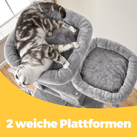 Rootz Cat Tree - Scratching Post - Climbing Tree - Space-Saving Amusement Park - 60 x 50 x 206 cm -  Grey - Plush & Sisal