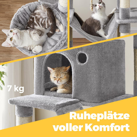 Rootz Cat Tree - Scratching Post - Climbing Tree - Space-Saving Amusement Park - 60 x 50 x 206 cm -  Grey - Plush & Sisal