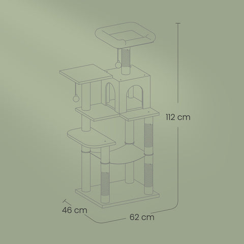 Rootz Multi-Storey Cat Tree with Cave - Scratching Post - Climbing Tower - Sturdy Design - 45cm x 35cm x 112cm