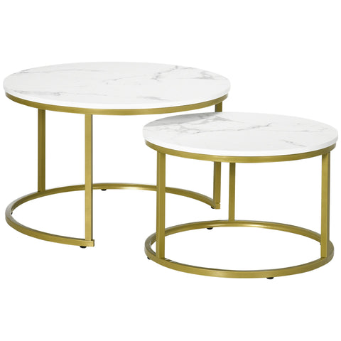 Rootz Marble Look Side Table Set - Coffee Tables - Nesting Tables - Space-Saving, Easy to Clean - Ø74 & Ø59 cm - White & Gold Finish