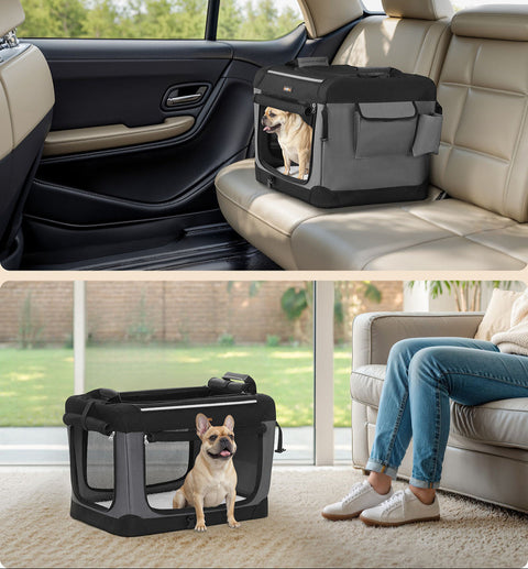 Rootz Foldable Dog Box - Portable Pet Crate - Mesh Kennel - 4 Doors - Easy Storage - 60x42x42cm, Folded: 60x42x8cm -  Black