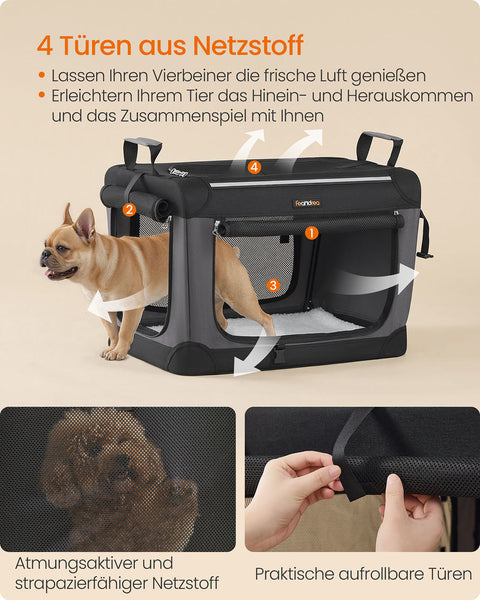 Rootz Foldable Dog Box - Portable Pet Crate - Mesh Kennel - 4 Doors - Easy Storage - 60x42x42cm, Folded: 60x42x8cm -  Black