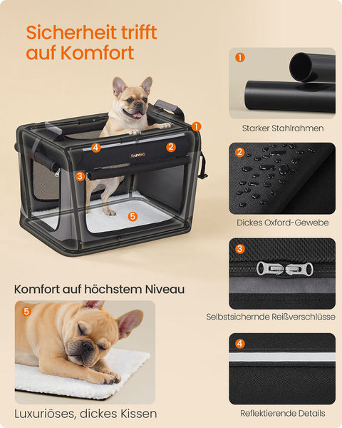 Rootz Foldable Dog Box - Portable Pet Crate - Mesh Kennel - 4 Doors - Easy Storage - 60x42x42cm, Folded: 60x42x8cm -  Black
