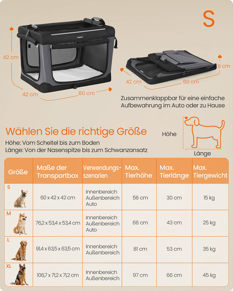 Rootz Foldable Dog Box - Portable Pet Crate - Mesh Kennel - 4 Doors - Easy Storage - 60x42x42cm, Folded: 60x42x8cm -  Black