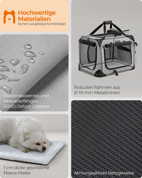 Rootz Pet Carrier - Dog Crate - Portable Kennel - Metal Frame - Oxford Fabric - Lightweight - 60cm x 42cm x 42cm - Smoke Gray