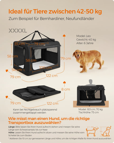 Rootz XXXXL Black Dog Box - Pet Crate - Heavy Duty Kennel - Metal Frame - 600D Oxford Fabric - PVC Coating - Fleece Lining - 122cm x 79cm x 79cm - Foldable - Portable - Lightweight