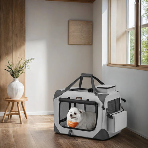 Rootz Dog Carrier - Pet Travel Crate - Portable Kennel - Grey - Lightweight & Foldable - 60 x 42 x 42 cm