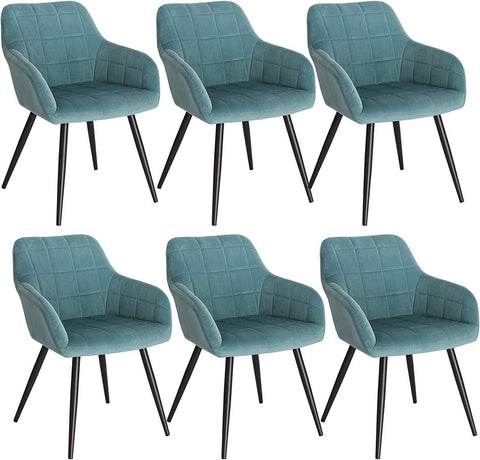 Rootz Set of 6 Dining Chairs - Velvet Armchairs - Turquoise Metal Legs - Comfortable, Ergonomic, Stable - 49cm x 43cm x 81cm