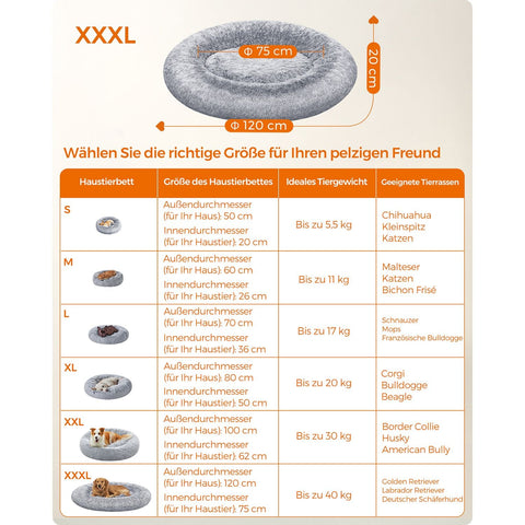 Rootz Fluffy Dog Bed - Plush Pet Bed - Cozy Canine Cushion - Grey - 120cm x 20cm