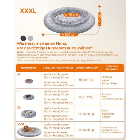 Rootz Fluffy Dog Bed - Plush Pet Bed - Cozy Canine Cushion - Grey - 120cm x 20cm