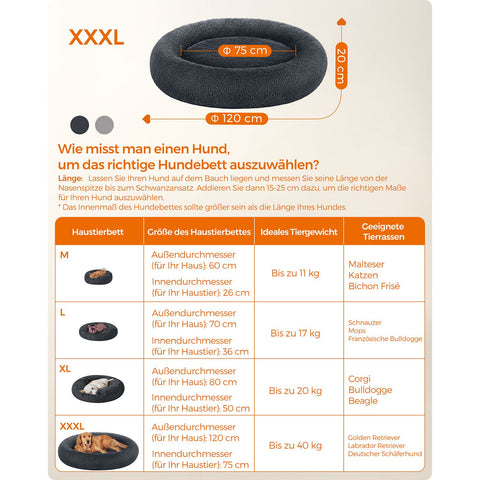 Rootz Fluffy Dog Bed - Plush Pet Bed - Comfy Canine Cushion - Soft Plush Comfort - 120cm Ø x 20cm, Grey