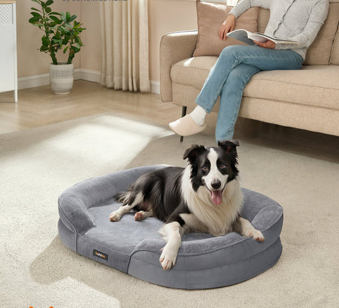 Rootz Dog Bed - Pet Bed - Fluffy Comfort - Supports Joints - Grey - Flannel & Velvet - 91cm x 68cm x 18cm