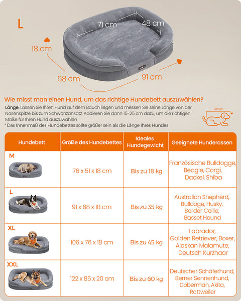 Rootz Dog Bed - Pet Bed - Fluffy Comfort - Supports Joints - Grey - Flannel & Velvet - 91cm x 68cm x 18cm