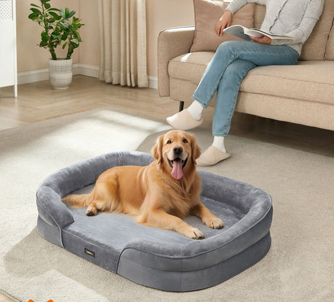 Rootz  Grey Dog Bed - Pet Cushion - Flannel & Velvet Comfort - Non-Slip Design - 106cm x 76cm x 18cm