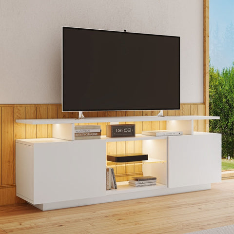 Rootz Modern White TV Cabinet - Media Console - Entertainment Unit - 16-Color LED Lighting - 140cm x 35cm x 61cm