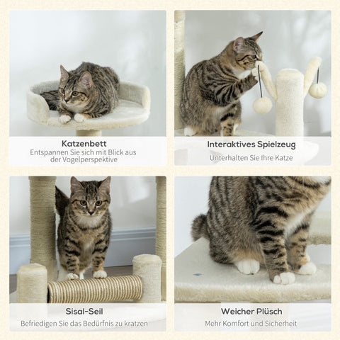 Rootz Cat Tree - Scratching Post - Cat Bed - Interactive Toys - Sisal Posts - Cozy Bed - Sturdy and Durable - 48cm x 48cm x 91cm Cream White