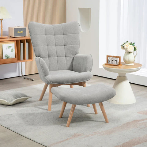 Rootz Accent Chair In Scandi Design - Relaxation Chair With Stool - Wing Chair - Armchair Set - Beech Wood - Cord Look - Gray - 72L x 80W x 101H cm