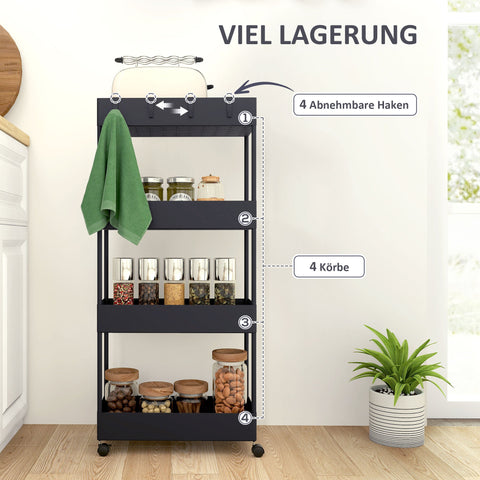 Rootz Black Kitchen Cart - Niche Car - Mobile Trolley - Space-Saving Storage - 40cm x 19cm x 90cm with Hooks & Wheels