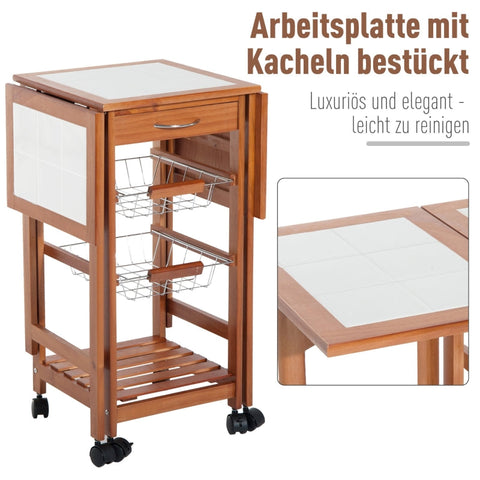Rootz Serving Trolley - Rolling Kitchen Cart - Mobile Storage Unit - Foldable Work Surface - Easy-Care Ceramic Top - 91cm x 37cm x 75cm