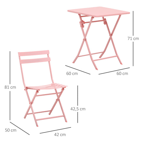 Rootz Foldable 3-Piece Garden Set - Bistro Furniture - Outdoor Dining - Powder-Coated Metal - 60x60x71cm Table & 2 Chairs - Pink