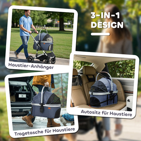 Rootz 3 in 1 Dog Buggy - Pet Car Seat - Foldable Carrier - Lightweight Design - 83cm x 61cm x 103cm, Blue, Silver