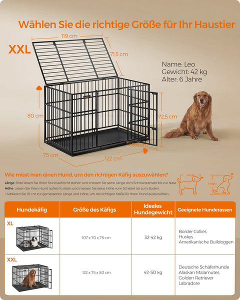 Rootz Heavy-Duty Dog Cage - Pet Crate - Ink Black - Steel Frame - Spacious - 122cm x 75cm x 80cm - 22.6kg