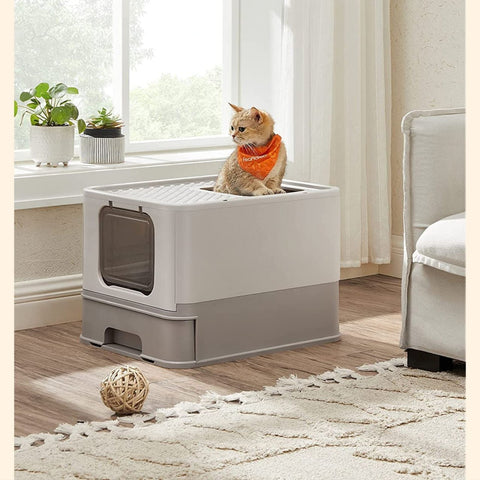 Rootz Cat Litter Box - Top Entry Litter Box - Enclosed Cat Litter Box - Privacy for Shy Cats - Spacious for Larger Cats - Leak-Proof Design - Easy Assembly - Dirt-Repellent Surface - Foldable and Portable - Oatmeal-Warm Gray - 42.5cm x 54.3cm x 37.8cm