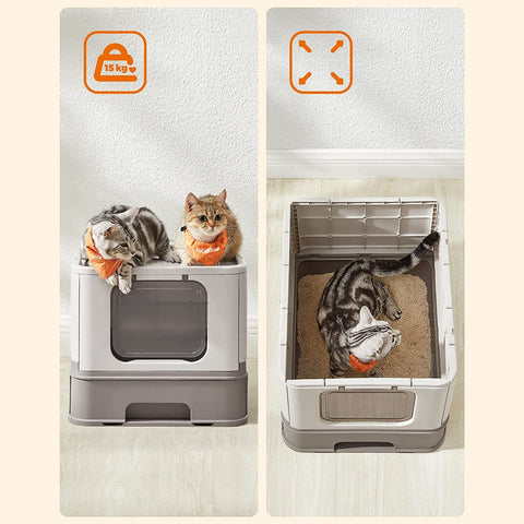 Rootz Cat Litter Box - Top Entry Litter Box - Enclosed Cat Litter Box - Privacy for Shy Cats - Spacious for Larger Cats - Leak-Proof Design - Easy Assembly - Dirt-Repellent Surface - Foldable and Portable - Oatmeal-Warm Gray - 42.5cm x 54.3cm x 37.8cm