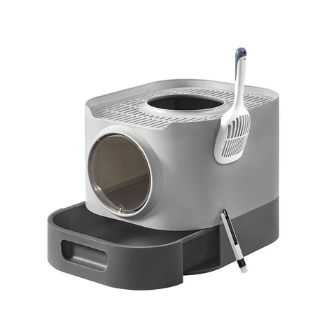 Rootz Lock Toilet with Lid - Cat Litter Box - Pull-Out Tray - PP Plastic - 54 x 42.8 x 40 cm - Grey