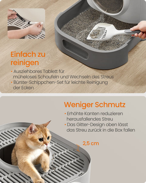 Rootz Lock Toilet with Lid - Cat Litter Box - Pull-Out Tray - PP Plastic - 54 x 42.8 x 40 cm - Grey