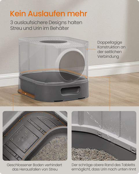 Rootz Lock Toilet with Lid - Cat Litter Box - Pull-Out Tray - PP Plastic - 54 x 42.8 x 40 cm - Grey
