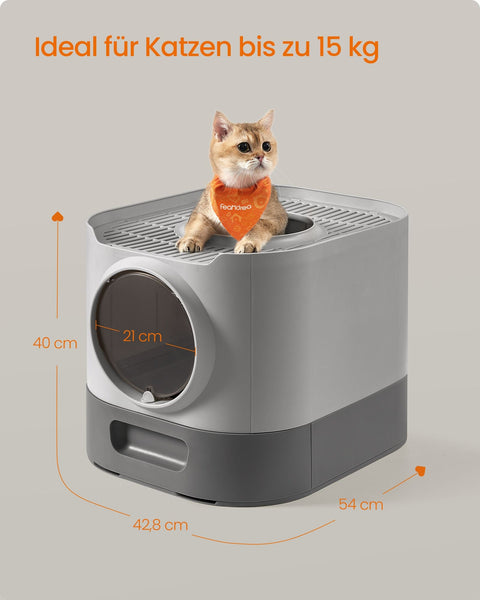 Rootz Lock Toilet with Lid - Cat Litter Box - Pull-Out Tray - PP Plastic - 54 x 42.8 x 40 cm - Grey