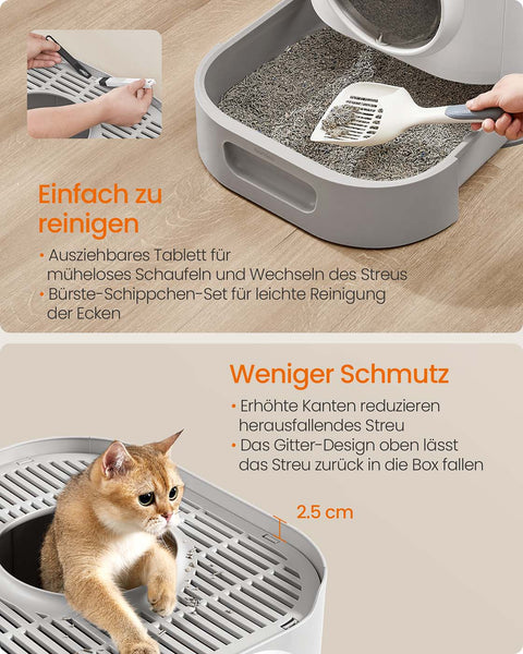Rootz Cat Litter Box with Lid - Enclosed Litter Tray - Pull-Out Tray - Easy Cleaning - Grey- - 54 x 42.8 x 40 cm