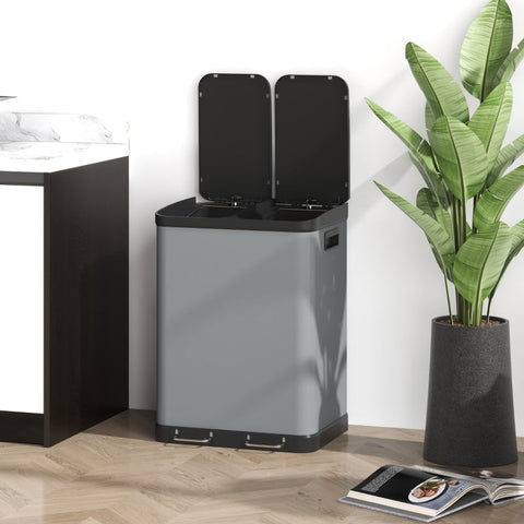 Rootz 30L Double Trash Can - Dual Compartment Waste Bin - Metal Housing - Fingerprint Resistant - Removable Inner Bins - 48.8cm x 39.5cm x 67cm