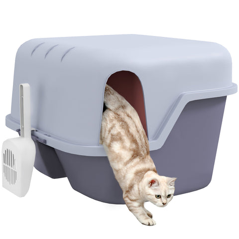 Rootz Cat Litter Box with Lid and Scoop - Pet Litter Pan - Easy Clean Kitty Toilet - 50cm x 50cm x 39cm - Lockable and Stylish Grey