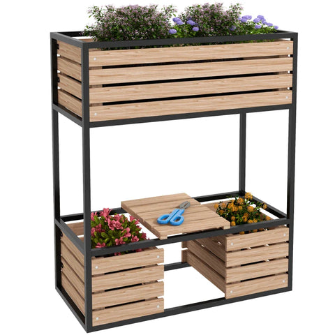 Rootz Raised Bed - 2 Tier Raised Bed - 3 Planter - Storage Shelf - Natural Wood - Metal Frame - Fir Wood - Light Brown - 83W x 39D x 100H cm