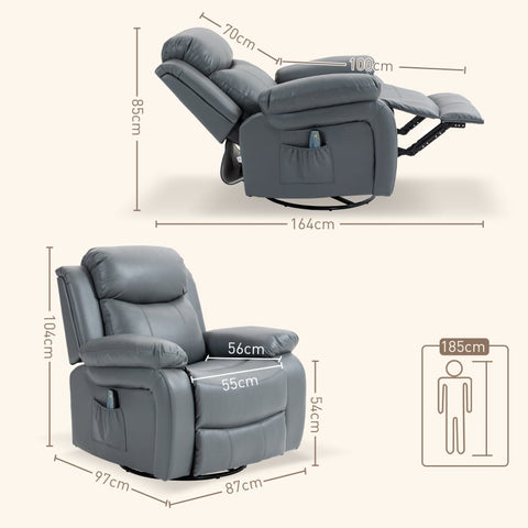 Rootz Massage Chair - Rocking Recliner - Rotatable Chair - 360 Degree Rotation - 8 Vibration Points - Wired Remote - 87cm x 97cm x 104cm - Faux Leather - Gray