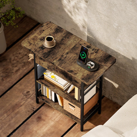 Rootz Side Table - Bedside Table - Rustic Nightstand - USB Connections - 60 x 29.8 x 58.5 cm - Organized Storage Space