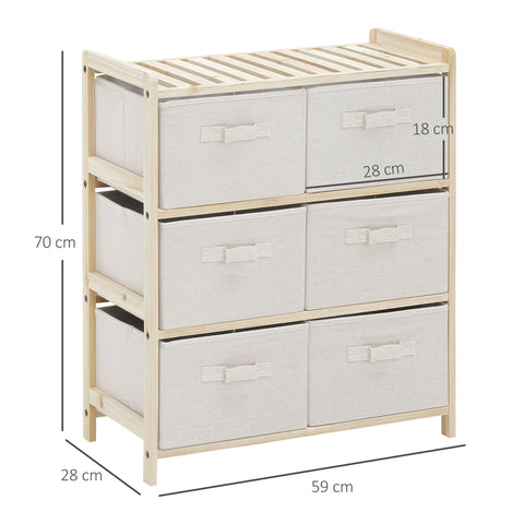 Rootz Fabric Chest of Drawers - Storage Cabinet - 6 Foldable Drawers - Space-Saving Organizer - 59 x 28 x 70 cm - White and Brown