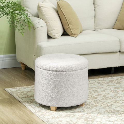 Rootz Sitting Stool with Storage Space - Ottoman - Storage Box - 40.5L Hidden Storage - Ø45 x 41H cm - White - Wooden Legs