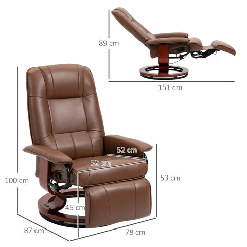Rootz Recliner Chair - Swivel TV Chair - Faux Leather - 145° Tilting Backrest - 360° Rotating Base - Brown - 78cm x 87cm x 100cm