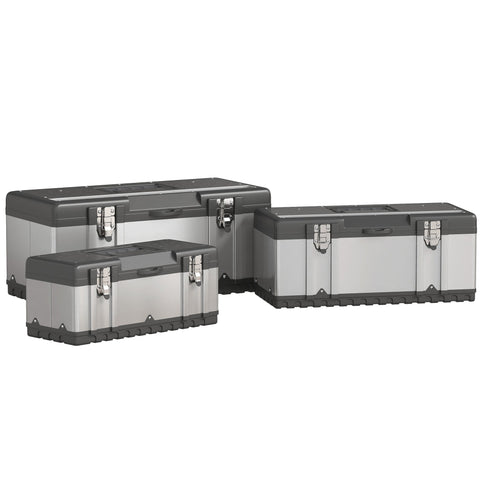Rootz 3-Part Toolbox Set - Stainless Steel Storage - Portable Organizer - Durable & Shockproof - 39.5cm x 18.5cm x 17cm, 47cm x 23.8cm x 20.3cm, 58.2cm x 29.8cm x 25.5cm